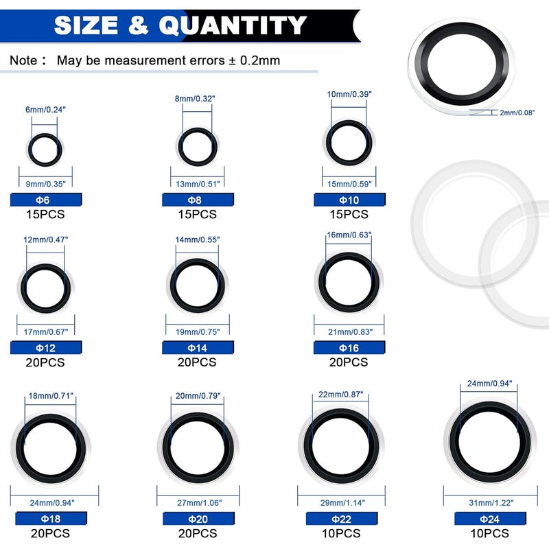 Daptemn 165PCS Bonded Sealing Washers, NBR Metric Zinc-Plated Steel Self-Centred Sealing Rubber Washers, Automotive Seal Gasket Crush O-Ring Assortment Kit Set M6 to M24 - Image 2